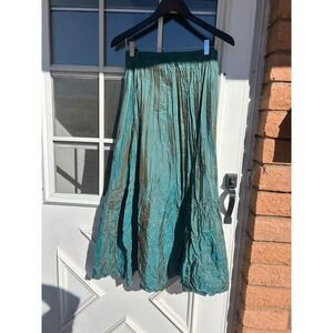 Vtg Worthington Petite Silk Blend Crinkle MIDI Skirt Teal Iridescent Fairycore